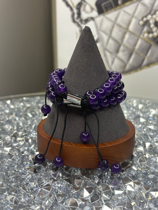 Purple Beaded Stretch Bracelet Stack with Pave Accent - Picture 6 of 8